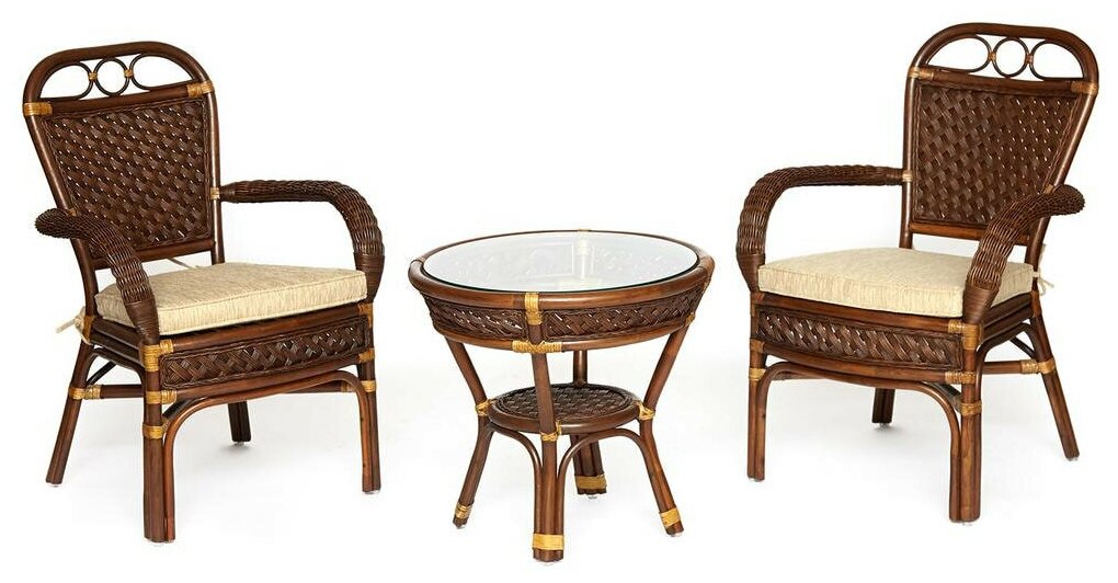 Комплект террасный TetChair ANDREA (стол кофейный со стеклом + 2 кресла + подушки),ротанг, 64х67х92см / D60х55, Pecan Washed (античн. орех)