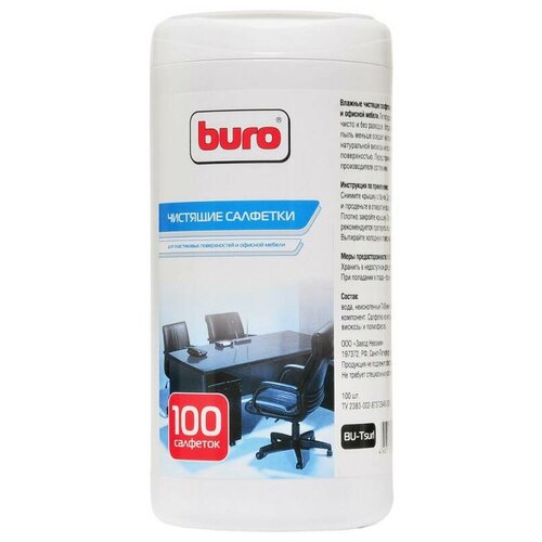 Салфетки Buro BU-Tsurl для пластиковых поверхностей и офисной мебели туба 100шт влажных 12 шт. запасной блок влажных салфеток favorit office для пластиковых поверхностей 100 шт 7475514