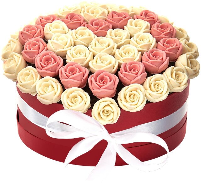 Розы из шоколада 101 шт. CHOCO STORY в Красной Шляпной коробке: Белый и Розовый Бельгийский шоколад, 1212 гр. SH101-K-BR-S