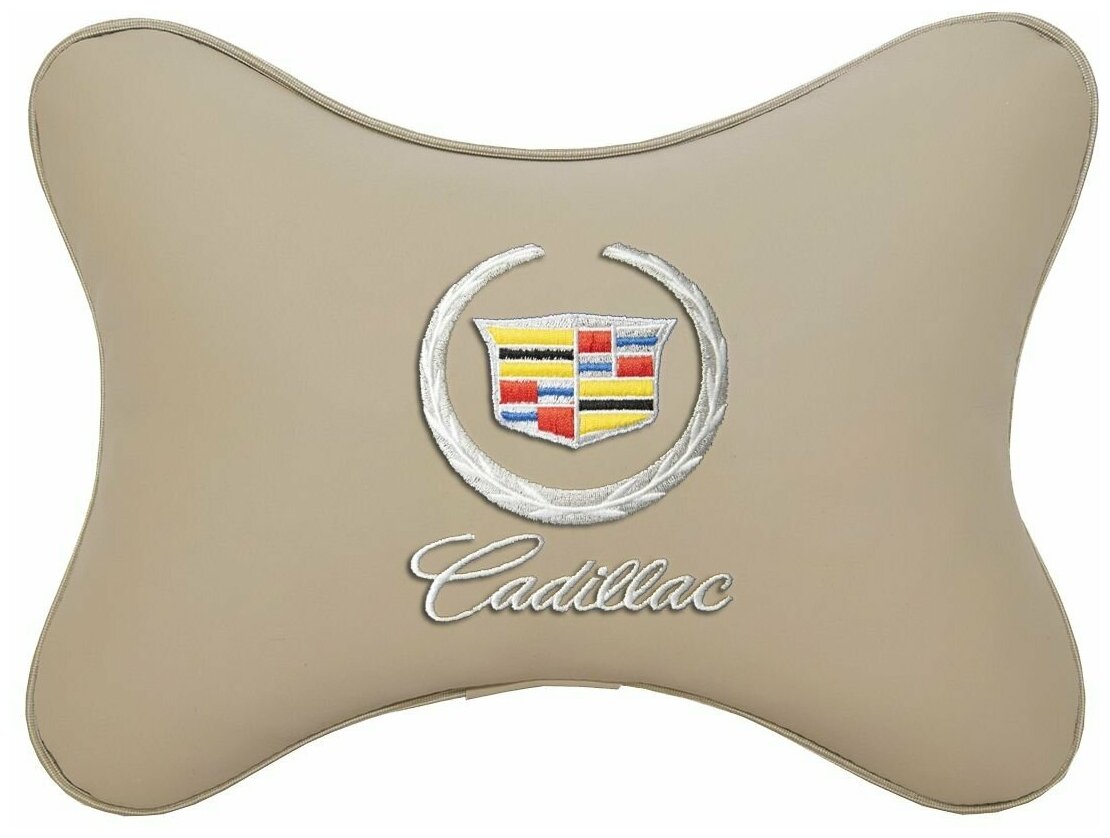 Автомобильная подушка на подголовник экокожа Beige с логотипом автомобиля CADILLAC