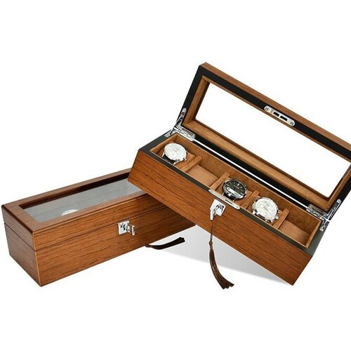фото Шкатулка для хранения 5-ти часов, деревянная с бархатистой тканевой отделкой prestige