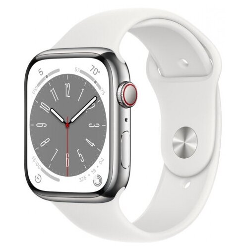 Apple Watch Series 8, 45 mm, серебристый алюминий, белый спортивный ремешок (MP6N3) - S/M