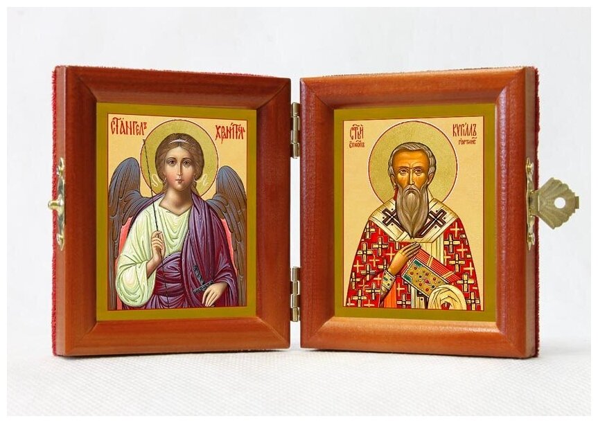 Складень именной "Священномученик Кирилл Гортинский - Ангел Хранитель", из двух икон 8*9,5 см
