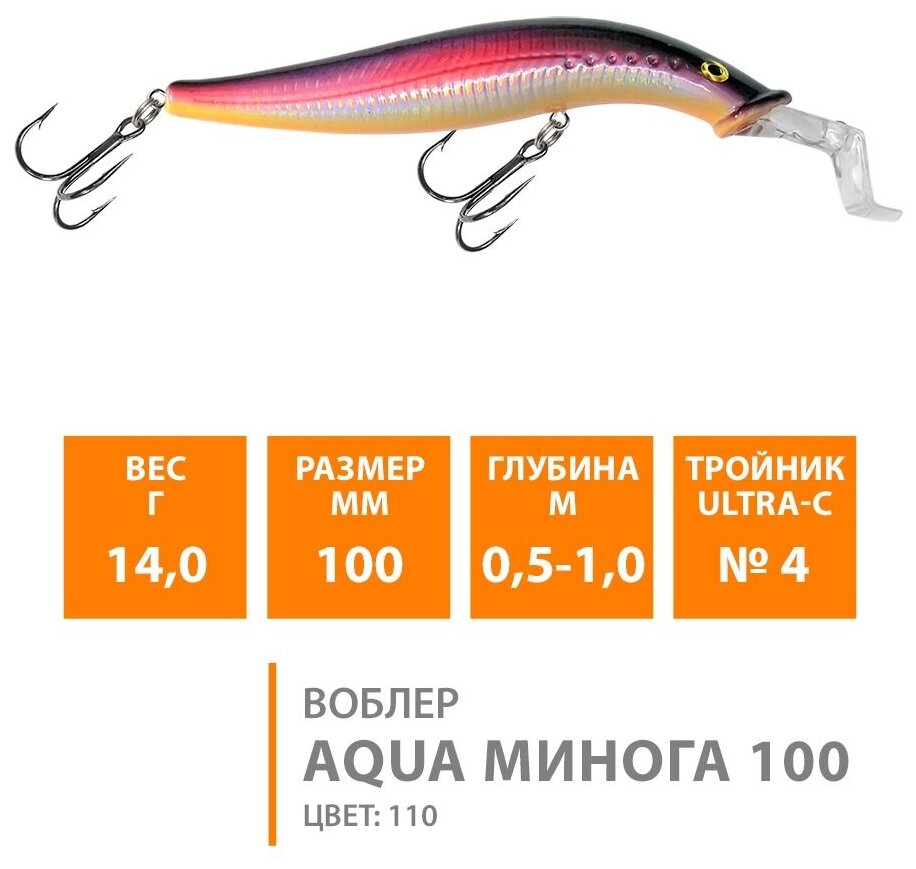 Воблер для рыбалки плавающий AQUA Минога 100mm 14g заглубление от 0.5 до 1m цвет 110