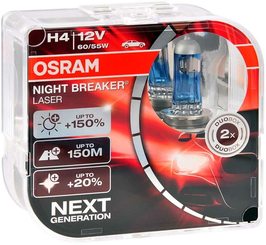 Лампа галогенная OSRAM NIGHT BREAKER LASER +150% 12V H4 60/55W 2 шт 64193NL-HCB