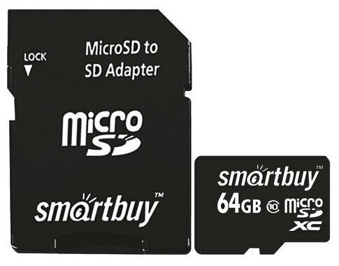 Карта памяти microSDXC 64GB SMARTBUY, 10 Мб/сек (class 10), с адаптером, SB64GBSDCL10-01