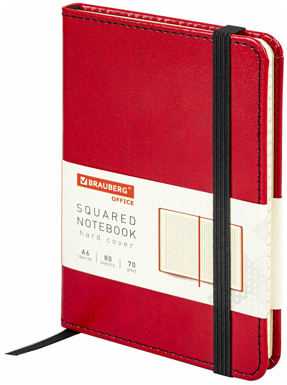 Блокнот Brauberg малый формат, 100x150 мм А6, "Office", под кожу, 80 листов, клетка, красный 113326