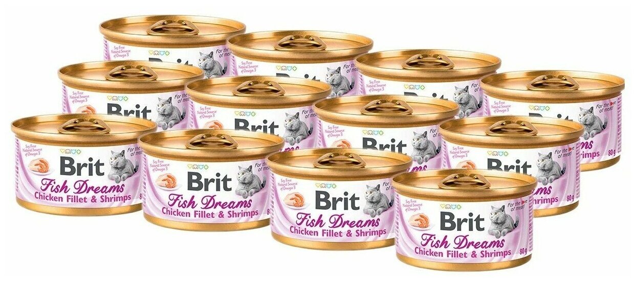 Влажный корм для кошек Brit Fish Dreams, с куриным филе, с креветками 12 шт. х 80 г (кусочки в соусе)