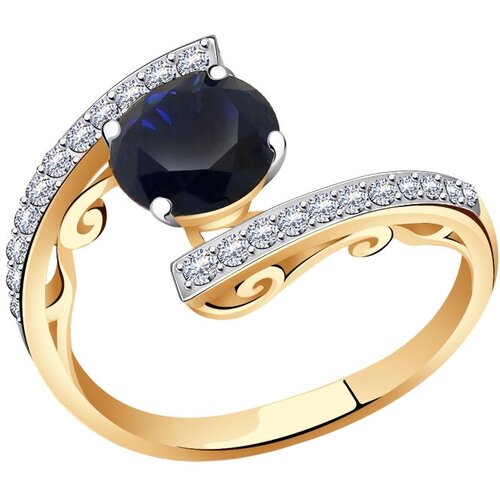 фото Золотое кольцо aquamarine 63987б с фианитом и гидротермальным сапфиром diamant-online