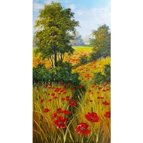 Картина маслом на холсте. Живопись. 100% ручная работа. Художественная мастерская Грёзы. Летний пейзаж с маками. Размер картины 50х90 см.