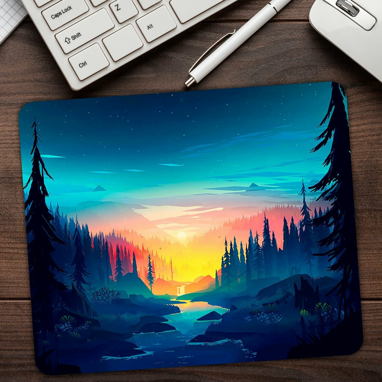 Коврик для мыши "Абстракция Firewatch. Лесной закат у реки у подножия гор" (24 x 20 см x 3 мм) — фото 3