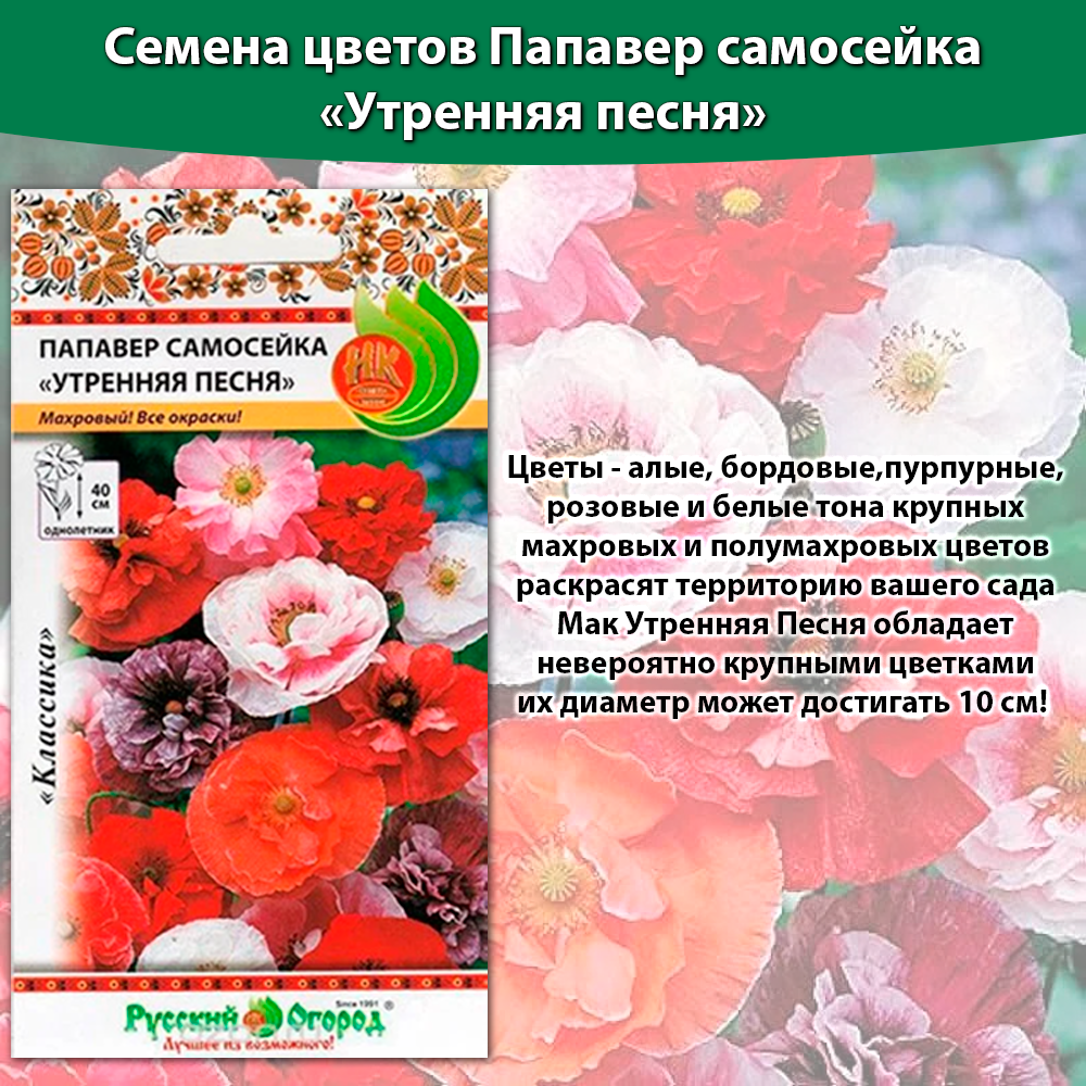 Цветы Папавер самосейка семена Утренняя песня (0,05г) * 5 упаковок, семена мака