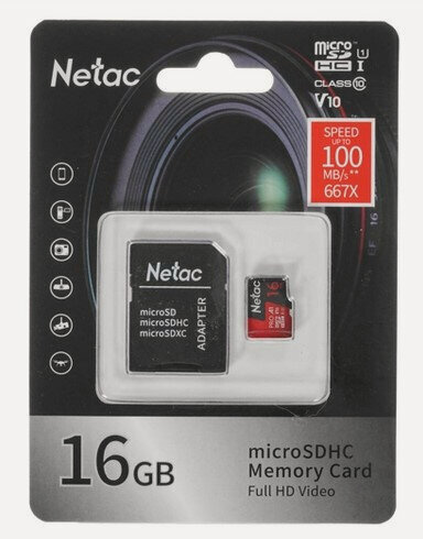 Изображение товара Карта памяти Netac P500 PRO microSDHC 16GB Сlass 10 UHS-I 100MB/s + ADP (NT02P500PRO-016G-R)