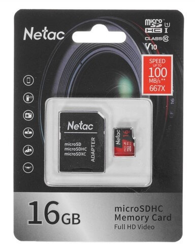 Карта памяти Netac P500 PRO microSDHC 16GB Сlass 10 UHS-I 100MB/s + ADP (NT02P500PRO-016G-R)