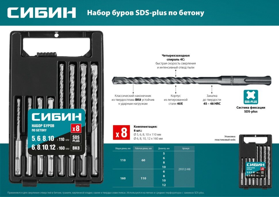СИБИН Набор буров по бетону SDS-plus 8 шт: 5 х 110, 6 х 110, 8 х 110, 10 х 110, 6 х 160, 8 х 160, 10 х 160, 12 х 160 мм ( 29312-H8 ) — фото 1