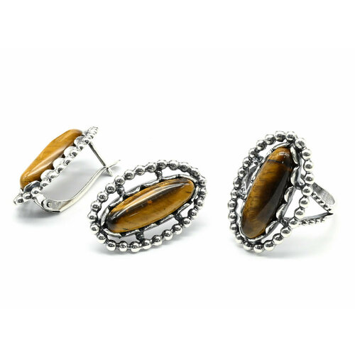 Комплект бижутерии: кольцо, серьги, тигровый глаз, размер кольца 18, желтый