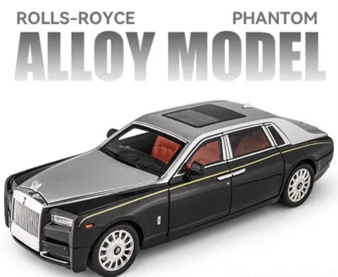 Машинка коллекционная Rolls-Royce Phantom Ролс-Ройс Фантом CheZhi 1:24, открываются двери, капот, багажник, свет, звук, инерционная, черно-серебристый