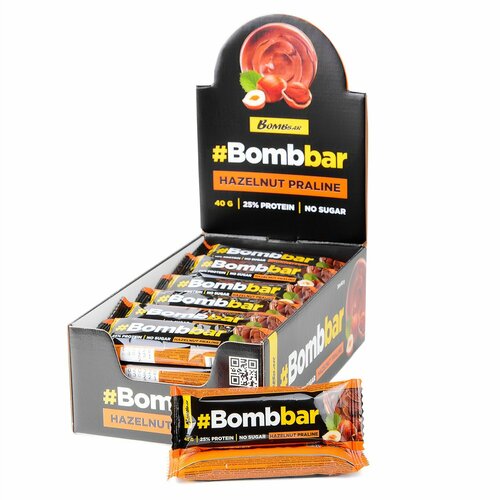 Bombbar, Протеиновый батончик в шоколаде 20шт х 40г (Фундучное пралине) bombbar протеиновый батончик в шоколаде без сахара набор 20x40г фундучное пралине бомбар protein bar состав польза для похудения