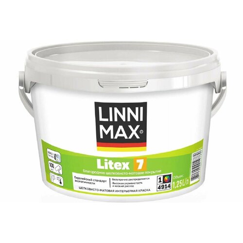 LINNIMAX Litex 7 Белая краска для стен для внутренних работ Литекс 7 База 1, 1,25 л краска для стен и потолка латексная водная zinsser watertite краска гидроизоляционная противогрибковая самогрунтующаяся 0 946 л
