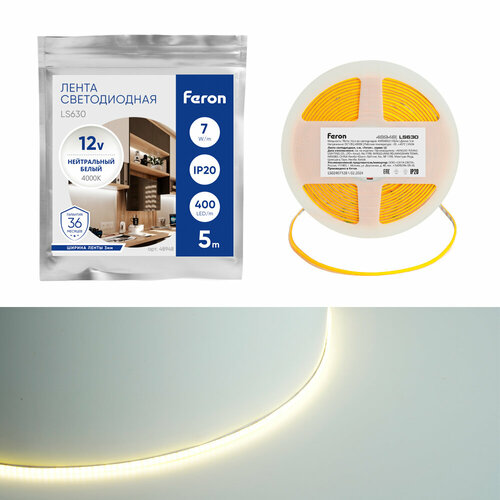 фото Светодиодная cob лента feron ls630, 400smd(2110)/ 7вт/м 12v 5000*3*1.8мм 4000k, ip20 48948 fr_48948