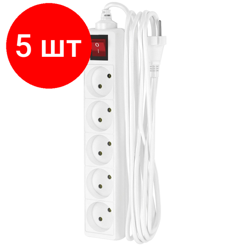 Комплект 5 штук, Удлинитель сетевой фотон 10-55S, 5м, 5 розеток, 10А, с выкл, Белый