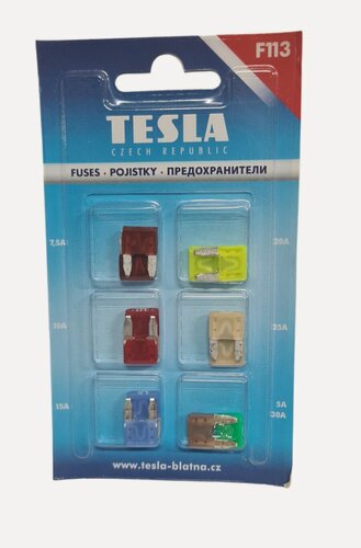 Изображение товара Предохранители штыревые MINI F113 набор (5А-1шт.7.5А-1шт.10А-1шт.15А-2шт.20А-2шт.25А-2шт.30А-2шт.) " TESLA"