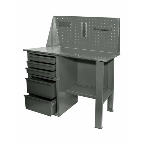Верстак слесарный (столярный стол) металлический с тумбой 5 ящиков серый