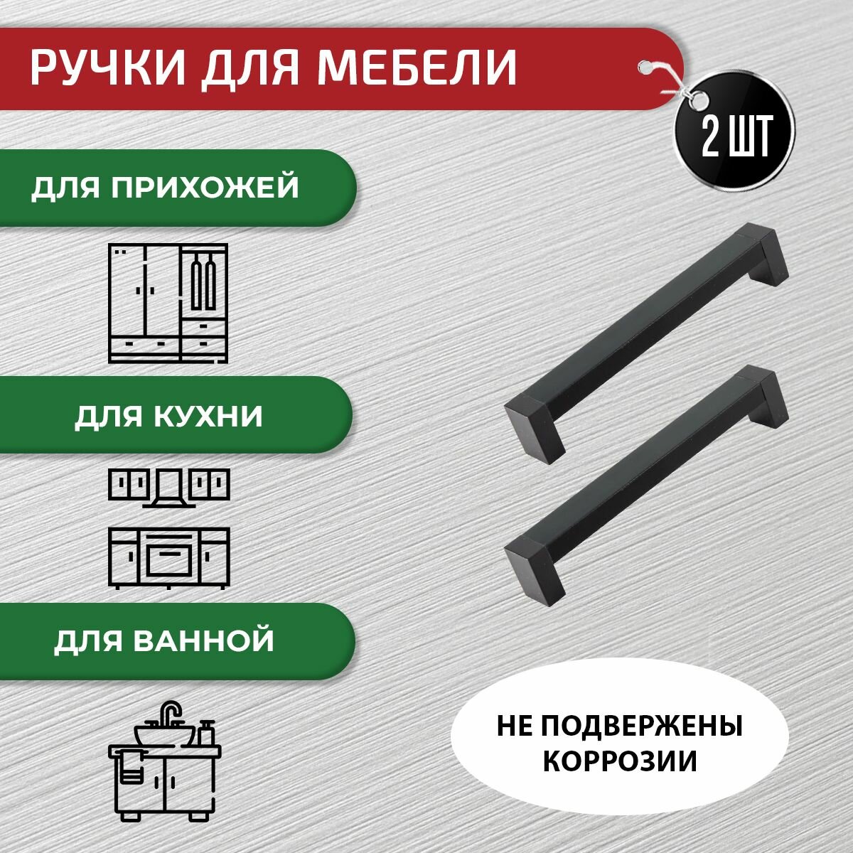 Фурнитура Для Мебели Ручки скоба для мебели черные 128 мм, 2 шт с крепежом