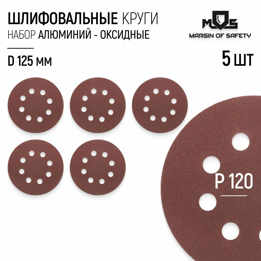 Круги шлифовальные 125 мм набор 5 шт. Р 120 абразивные с отверстиями на липучке