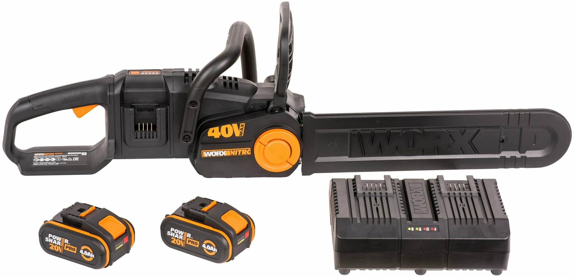 Цепная пила аккумуляторная WORX NITRO WG385E 40В 40cm бесщеточная 4.0Ач х2 ЗУ 2Ах2 коробка