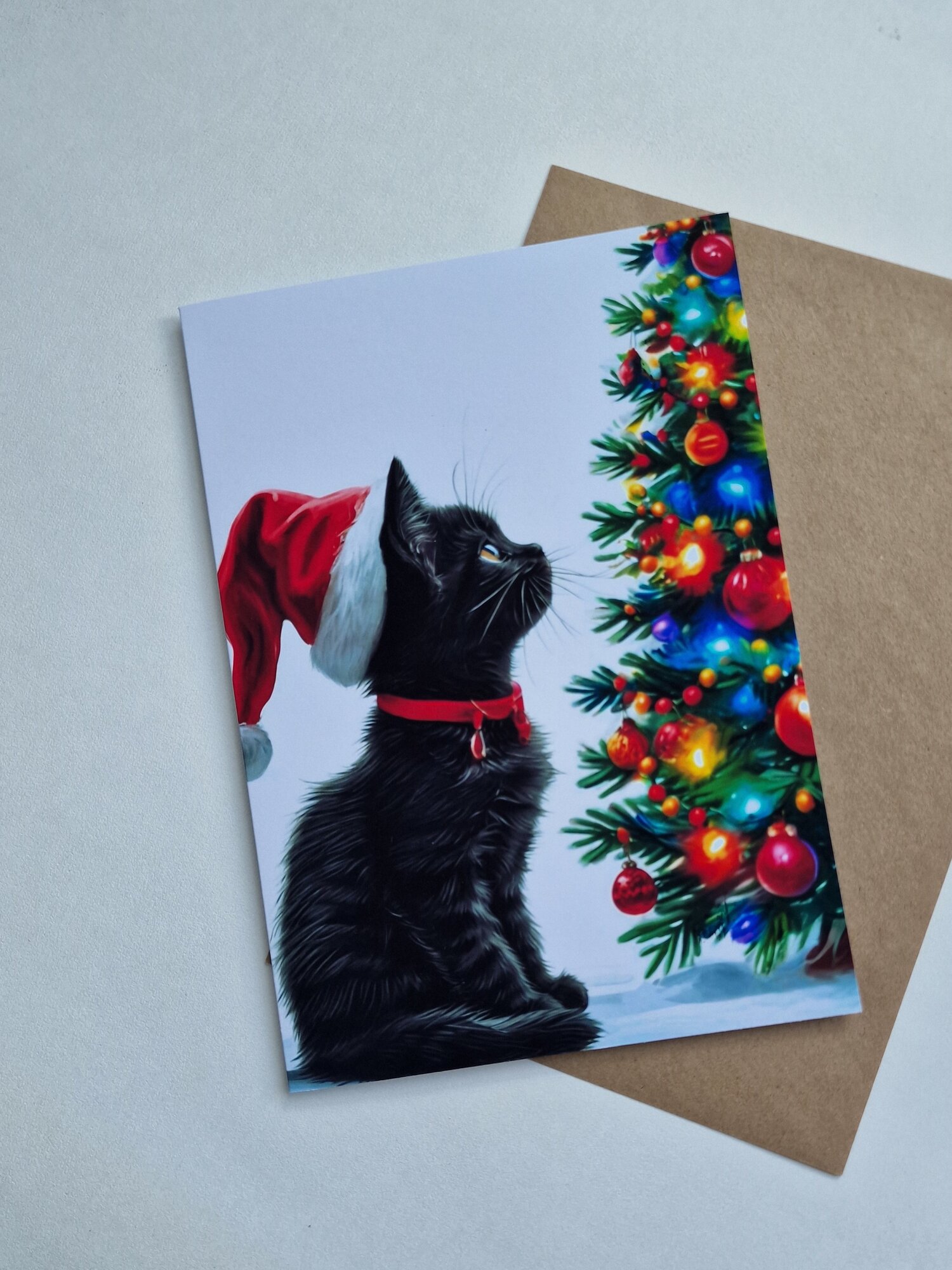 Новогодняя открытка "Черный кот" поздравительная с конвертом 21x15 см