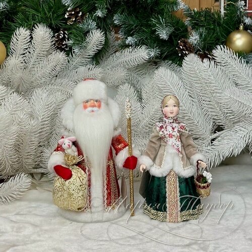 Изображение товара АртМороз Дед мороз и Снегурочка русские 24см, новогодняя игрушка под ёлку, авторская кукла ручной работы