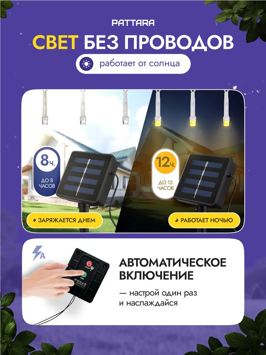 Уличная гирлянда на солнечной батарее, 22м, Нить, IP44, 8 режимов, LED Pattara — фото 1