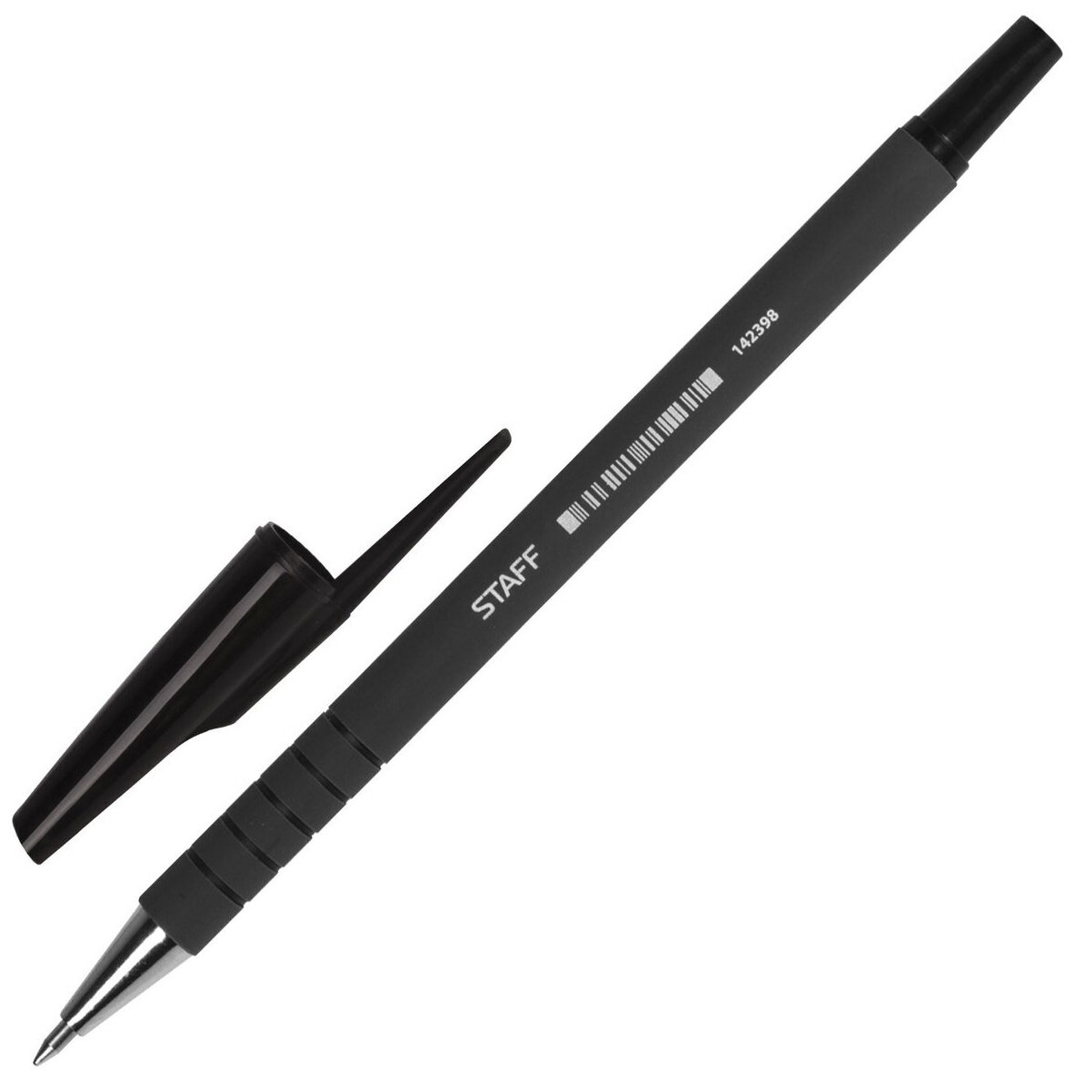 Ручка шариковая Staff корпус прорезиненный черный, узел 0,7 мм, линия письма 0,35 мм, черная (142398)