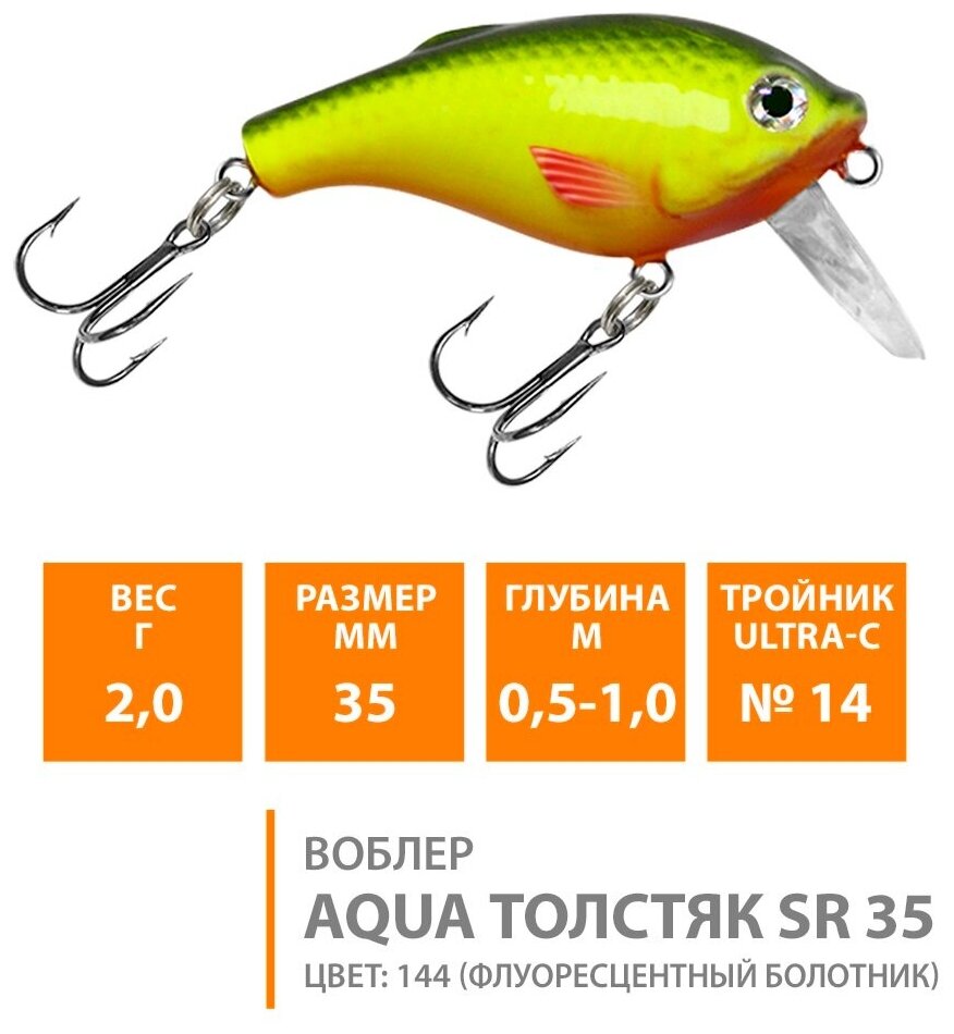 Воблер для рыбалки плавающий AQUA Толстяк SR 35mm 2g заглубление от 0,5 до 1m цвет 144