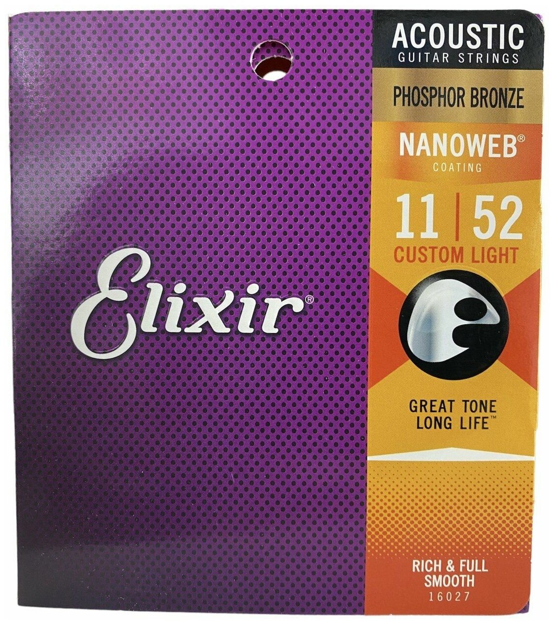 Комплект струн для акустической гитары Elixir 16027 NANOWEB, Custom-Light, фосфор/ бронза, 11-52