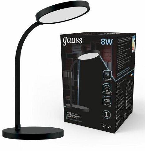 Настольная лампа Gauss Qplus GTL503 8W 500lm 4000K 170-265V черный диммируемый USB LED 1/12