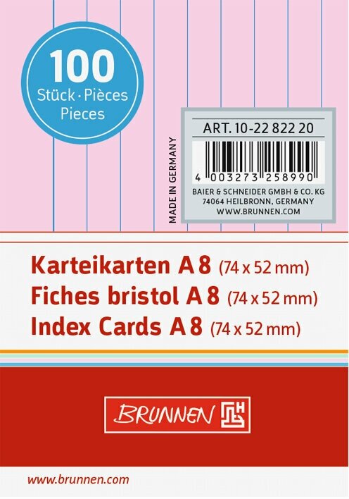 Карточки для картотеки Brunnen, линейка, 190 гр/м2, А8, 100 штук Розовый