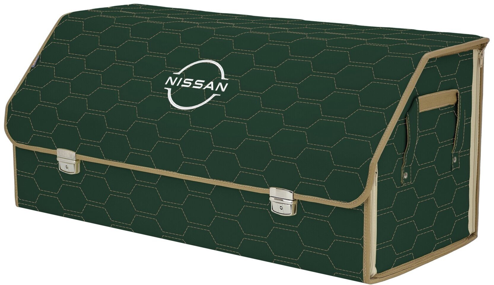 Органайзер-саквояж в багажник "Союз Премиум" (размер XXL). Цвет: зеленый с бежевой прострочкой Соты и вышивкой Nissan (Ниссан).