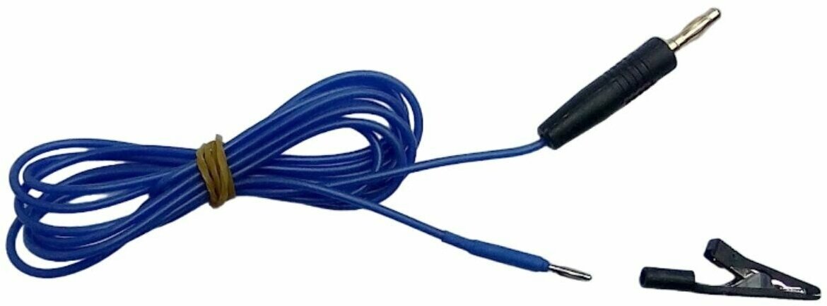 Токопровод (кабель) силиконовый синий (штекер "банан" D 4мм / штекер D 2мм + съемный зажим крокодил)