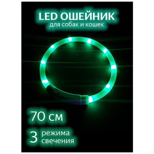 Светящийся ошейник для собак / Зеленый 70см / Светодиодный LED ошейник для собак / Дрессировка / Поводок светящийся ошейник для собак 50см зеленый светодиодный led ошейник для собак дрессировка поводок