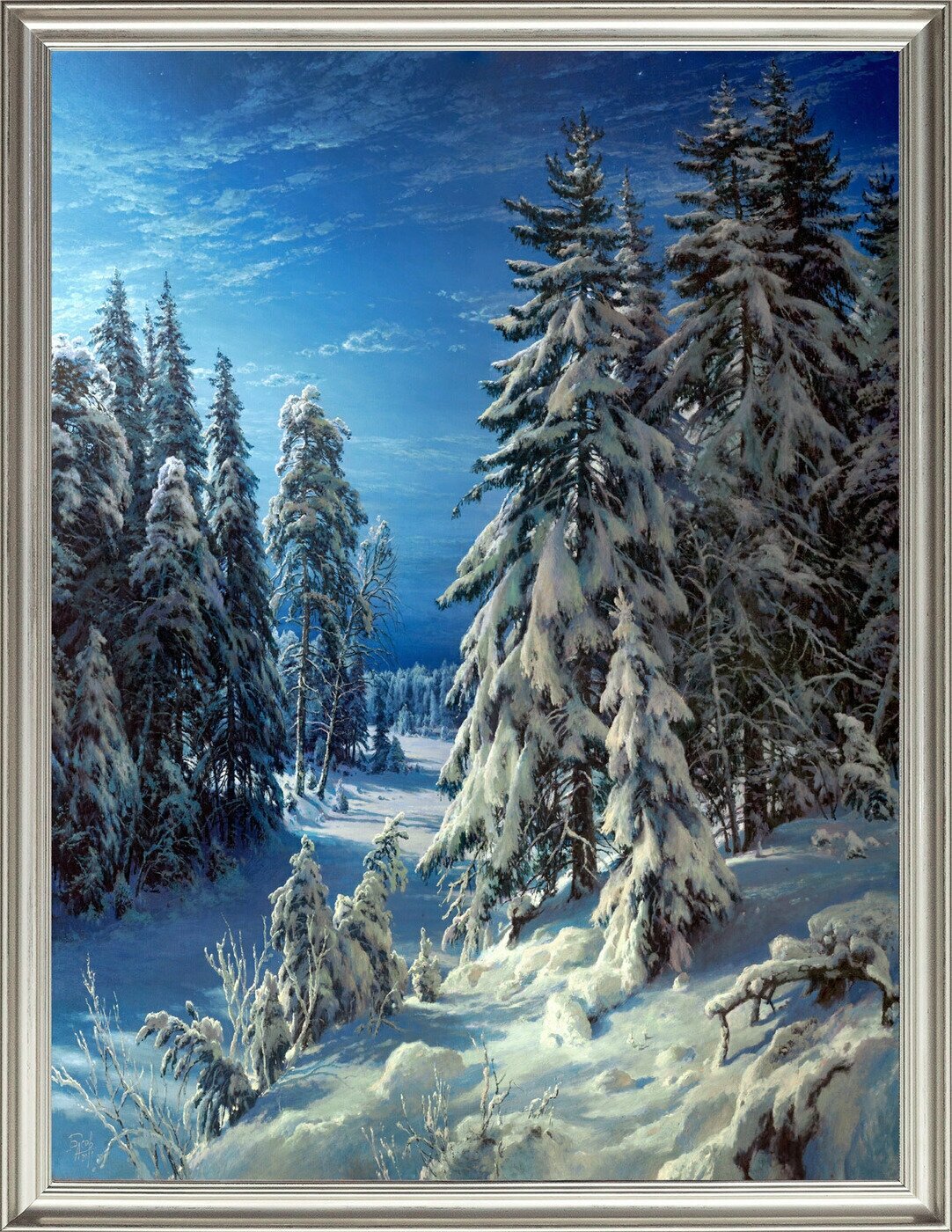 Картина на холсте, "Зимняя ночь", 80х60 см, художник - Басов Сергей. Холст на деревянном подрамнике, оформлена в багет, Арт. БС-х20