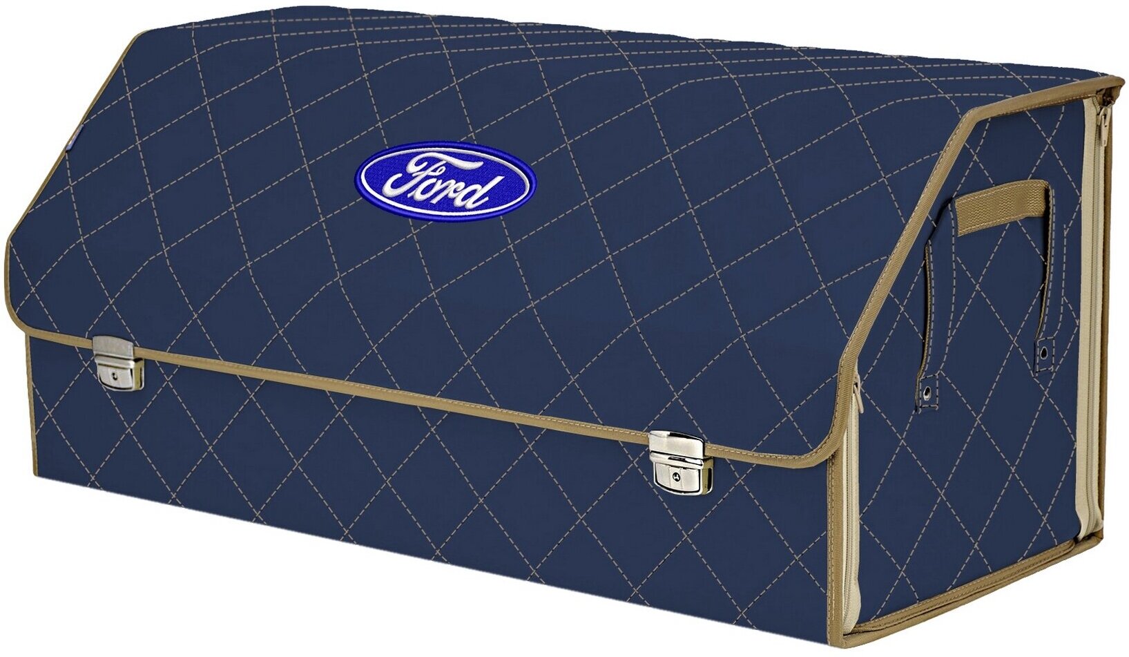 Органайзер-саквояж в багажник "Союз Премиум" (размер XXL). Цвет: синий с бежевой прострочкой Ромб и вышивкой Ford (Форд).