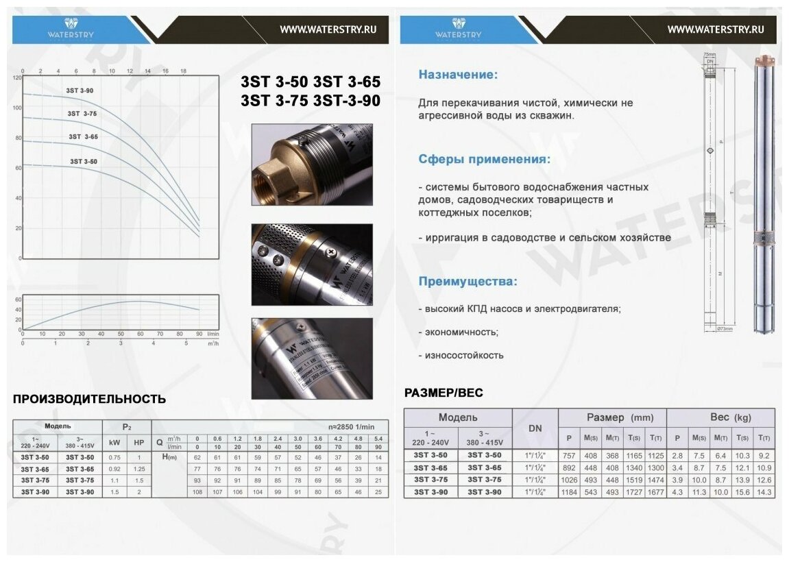 Скважинный насос WATERSTRY 3ST 3-65 3 , тм , 0,92kW, 1 х 230V, 50 Hz - фотография № 3