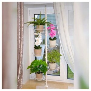 <b>Подставка</b> <b>для</b> <b>цветов</b> распорная в оконный проем <b>на</b> 5 горшков белая <span><b>цвет</b>: белый, характеристики <b>подставки</b> распорной в оконный проем: Высота от 130 до 170 см, размеры: нижнее кольцо 14см</span>