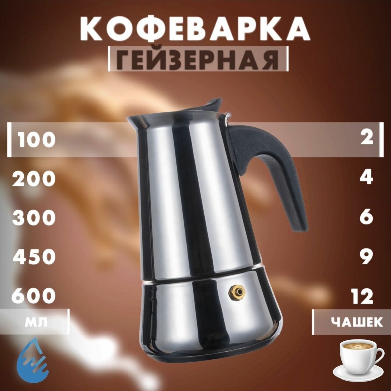 Кофеварка гейзерная для плиты/ESPRESSO MAKER/Турка для кухни 2 чашки 100 мл