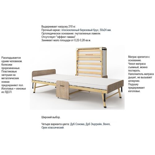 Раскладушка Dr.Bronz Основа Сна 80*200 см ортопедическая Дуб Энгрейн / раскладушка с матрасом / тумба раскладушка / раскладная кровать