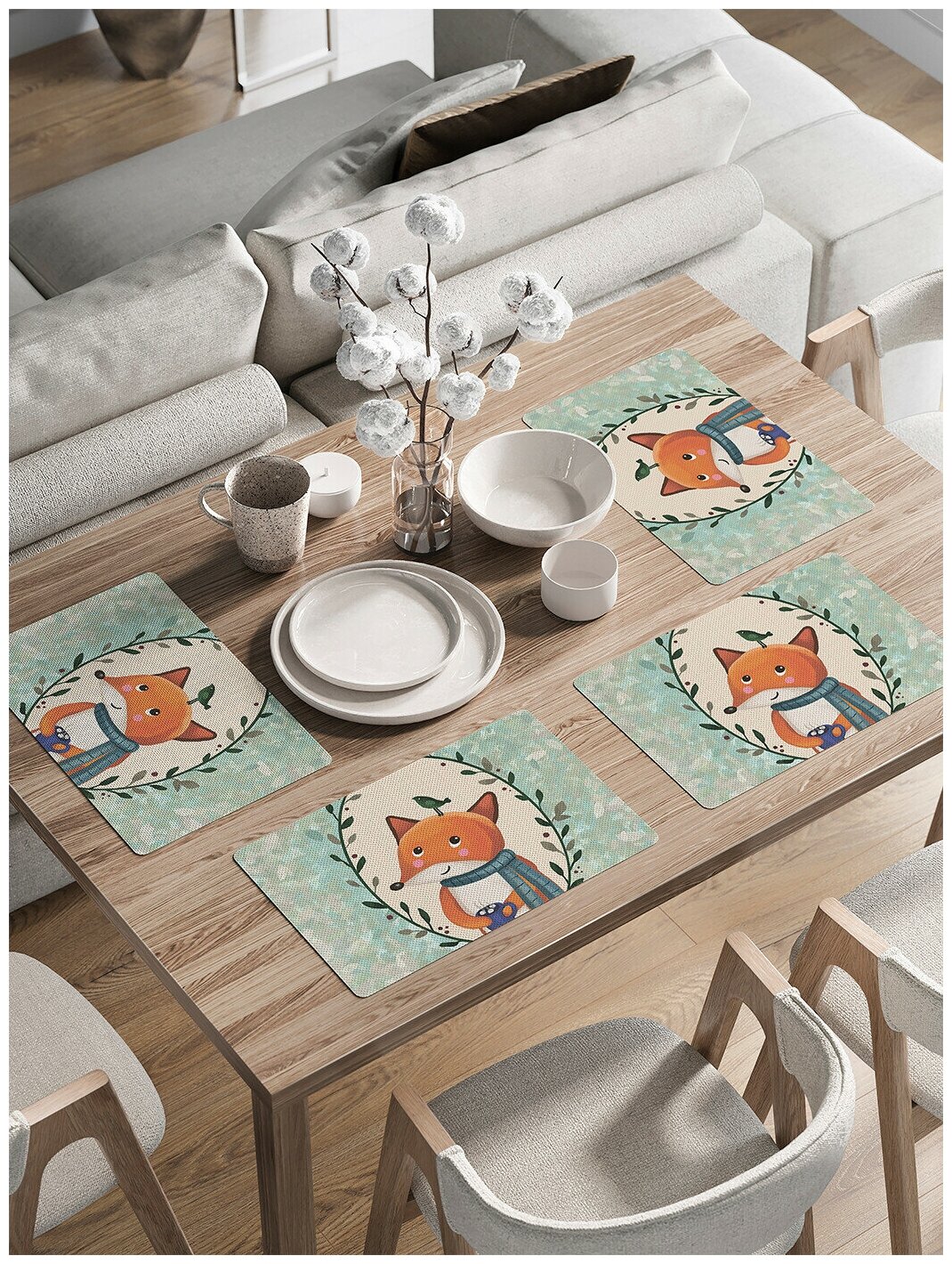 Комплект тканевых салфеток, плейсматов с рисунком JoyArty "Лис и птичка" для сервировки стола, подарочный набор 46x30 см, 4шт.