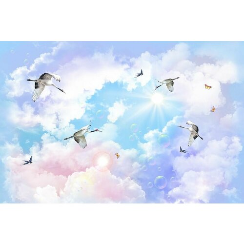 Моющиеся виниловые фотообои детские Небо облака аисты, 450х300 см