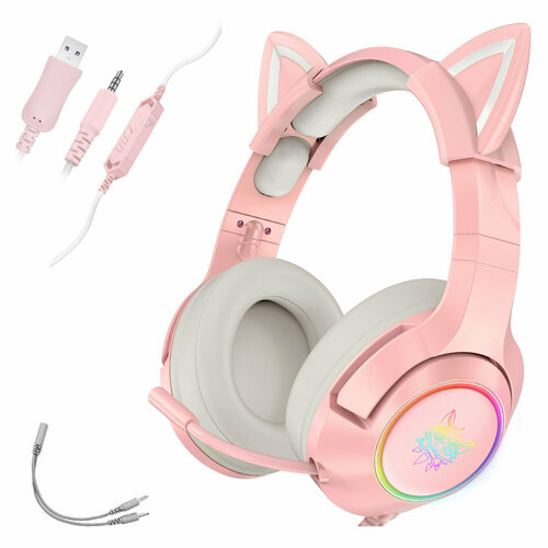 Игровые наушники ONIKUMA K9 Pink Cat розовые с кошачьими ушками и подсветкой